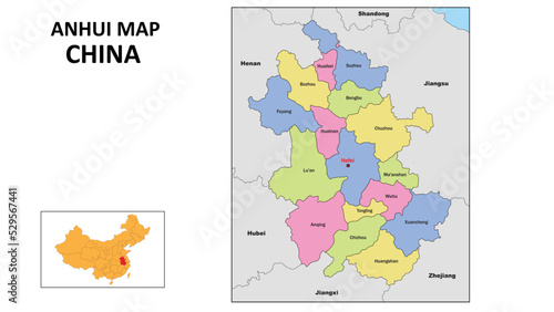 Anhui Map of China. State and district map of Anhui. Political map of Anhui with country capital. photo