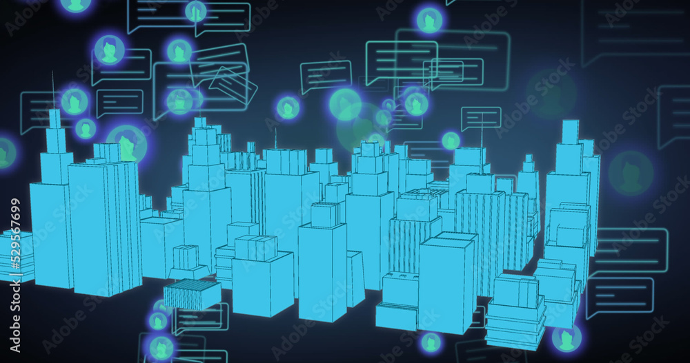 Image of media icons and city on blue background