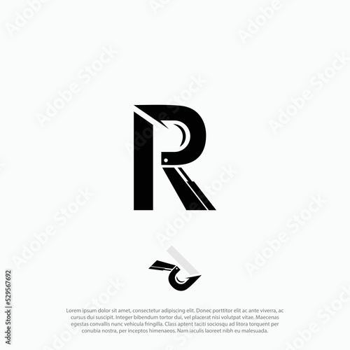 R excavator combining letter R and excavator in one shape logo target audience for contractor, mining work, roadworks and outdoor work