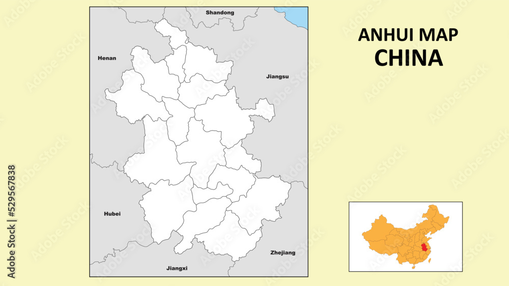 Anhui Map of China. State and district map of Anhui. Political map of Anhui with outline and black and white design.