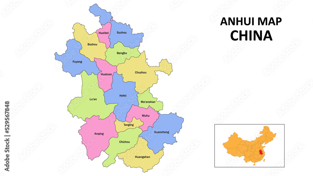 Anhui Map of China. State and district map of Anhui. Detailed colorful