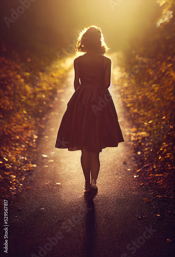 Teenage Girl In A Dress Walking Down A Path