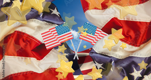 Image of yellow stars over flags of united states of america