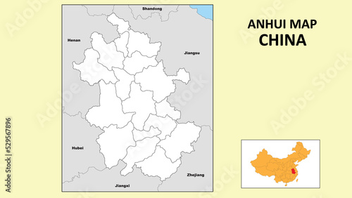 Anhui Map of China. State and district map of Anhui. Political map of Anhui with outline and black and white design.