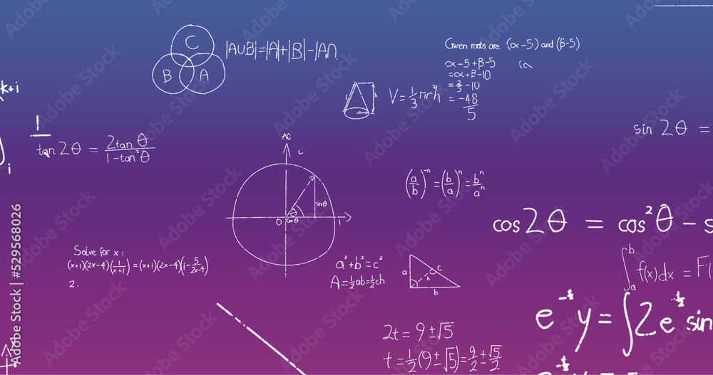 Image of handwritten mathematical formulae over blue to purple background - obrazy, fototapety, plakaty 