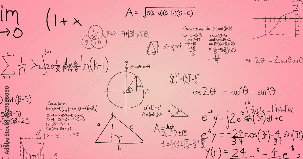 Image of hand written mathematical formulae over pink background