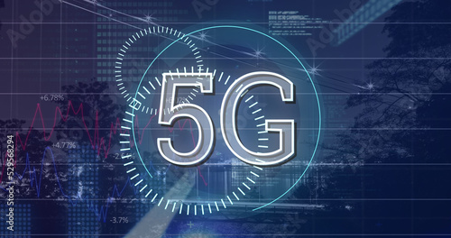 Image of digital interface and 5g text over landscape