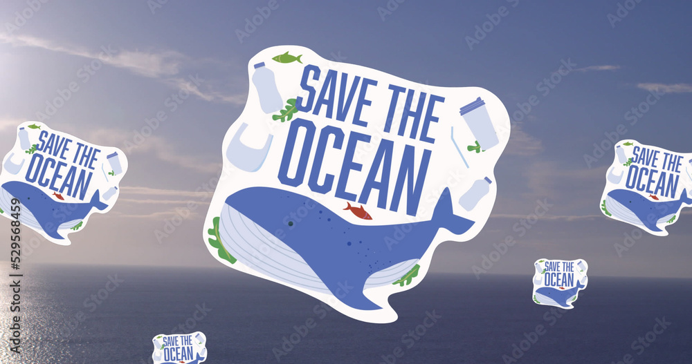Naklejka premium Image of save the ocean text over whale icons and sea