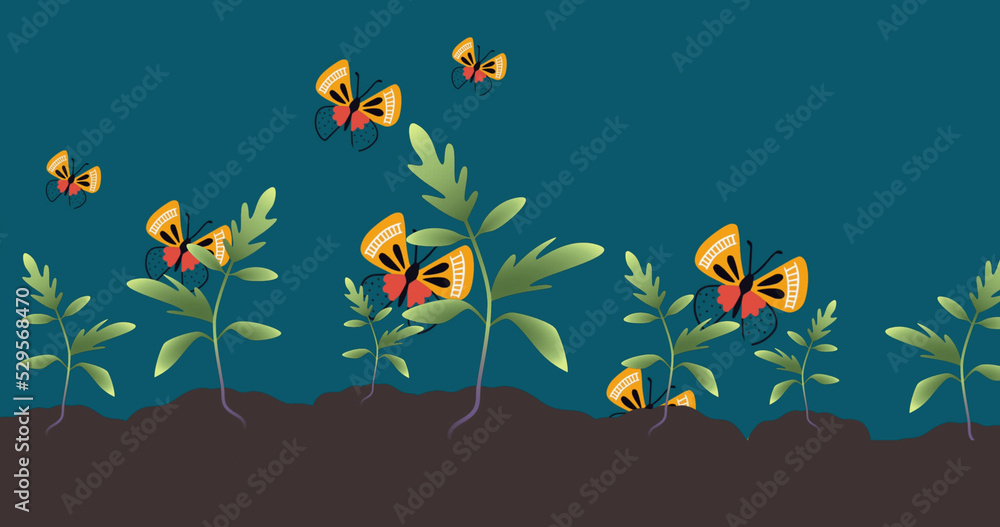 Image of butterflies and plants on green background