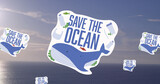 Image of save the ocean text over whale icons and sea