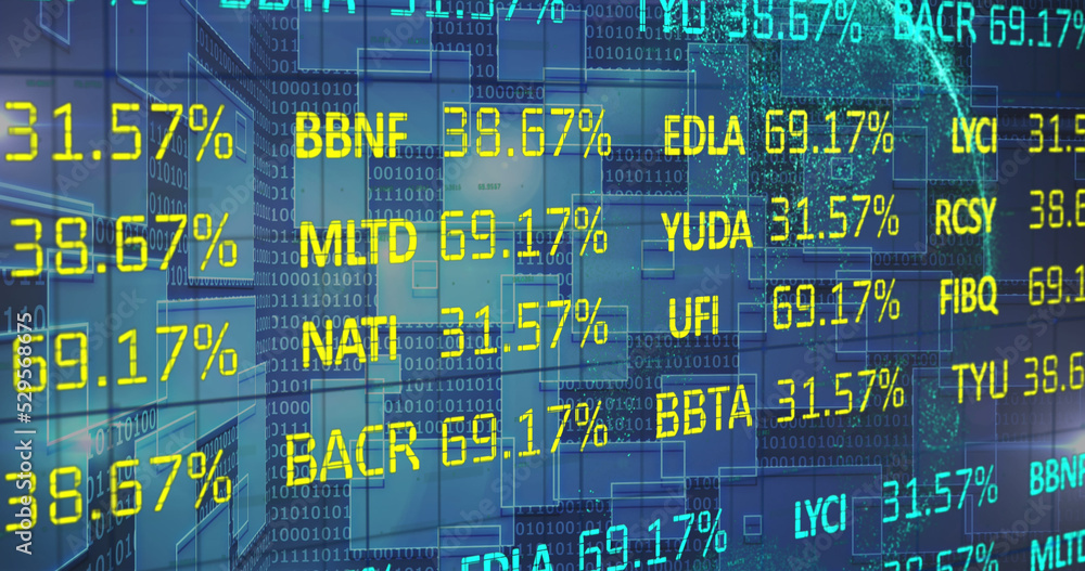 Fototapeta premium Image of stock market and binary coding over black background