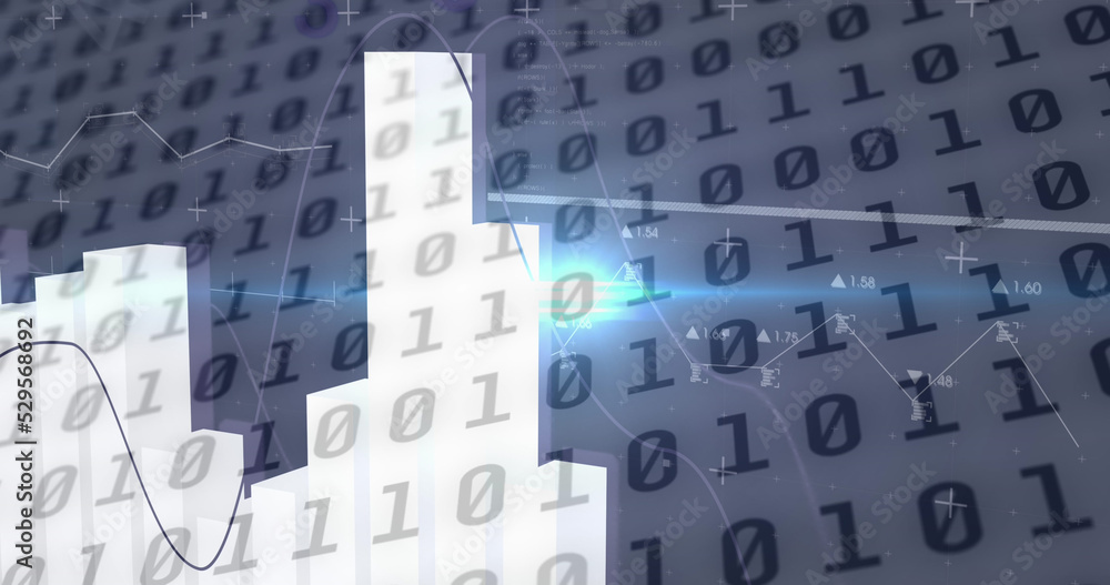 Image of binary coding and financial data processing over black background Image of binary coding and financial data processing over black background