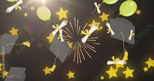 Image of graduation letter icons over stars and fireworks on black background