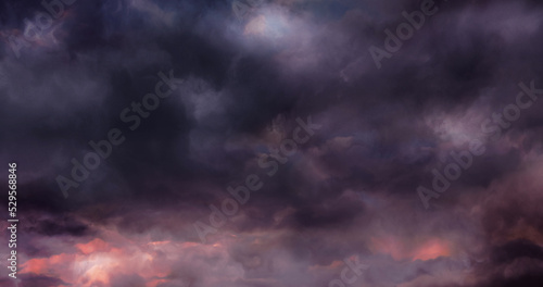 Image of lightning and stormy grey and pink clouds background