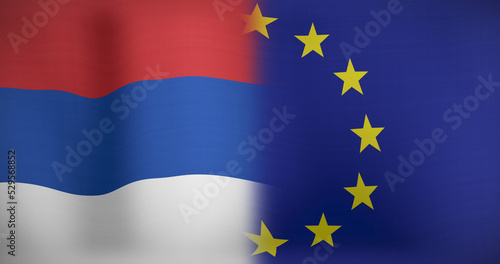 Image of moving and floating flags of netherlands and eu