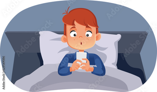 Child Using Smartphone Before Bedtime Vector Cartoon Illustration. Boy procrastination sleep time scrolling on social media
