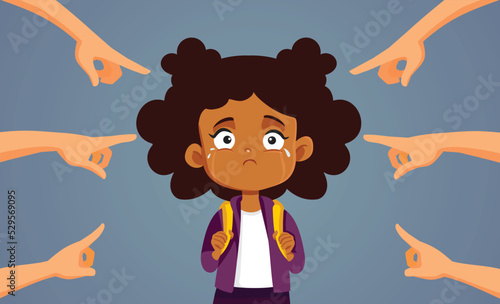 People Criticizing Young Little Girl Vector Concept Illustration. Decimated sad student feeling scrutinized at kindergarten 
