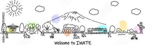 岩手県の観光地の街並みと人々のシンプル線画イラスト
