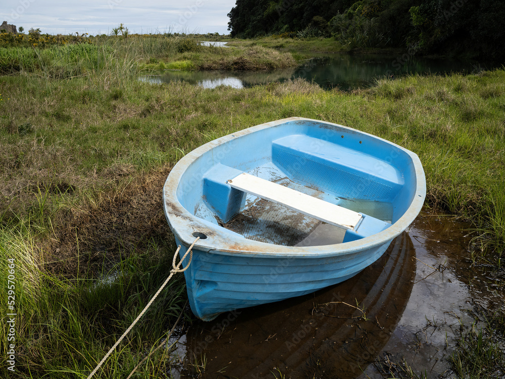 Small blue plastic dinghy boat on green grass on river bank Small blue plastic dinghy boat on green grass on river bank
