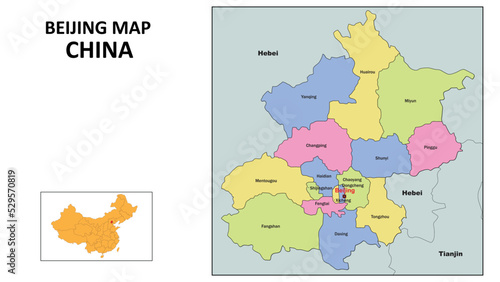 Beijing Map of China. State and district map of Beijing. Political map of Beijing with country capital.