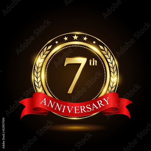 7th golden anniversary logo, with shiny ring and red ribbon, Laurel wrath isolated on black background, vector design