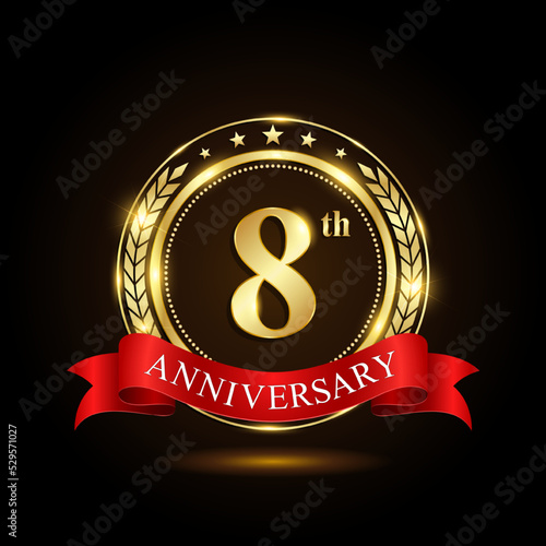 8th golden anniversary logo, with shiny ring and red ribbon, Laurel wrath isolated on black background, vector design