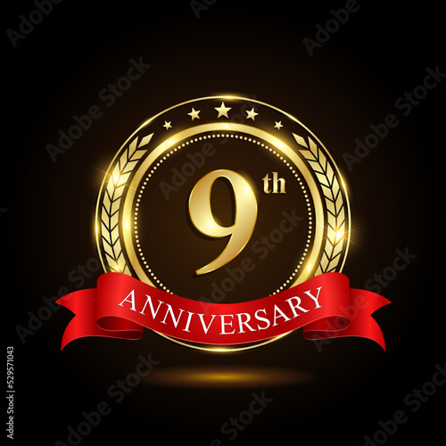 9th golden anniversary logo, with shiny ring and red ribbon, Laurel wrath isolated on black background, vector design