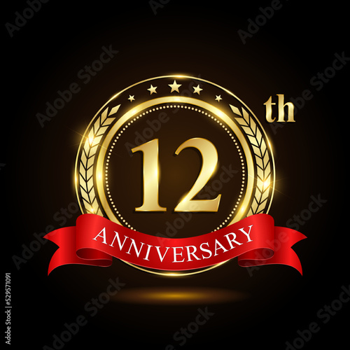 12th golden anniversary logo, with shiny ring and red ribbon, Laurel wrath isolated on black background, vector design