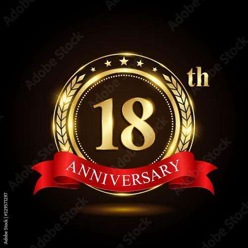 18th golden anniversary logo, with shiny ring and red ribbon, Laurel wrath isolated on black background, vector design