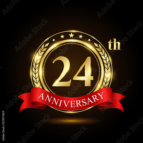 24th golden anniversary logo, with shiny ring and red ribbon, Laurel wrath isolated on black background, vector design