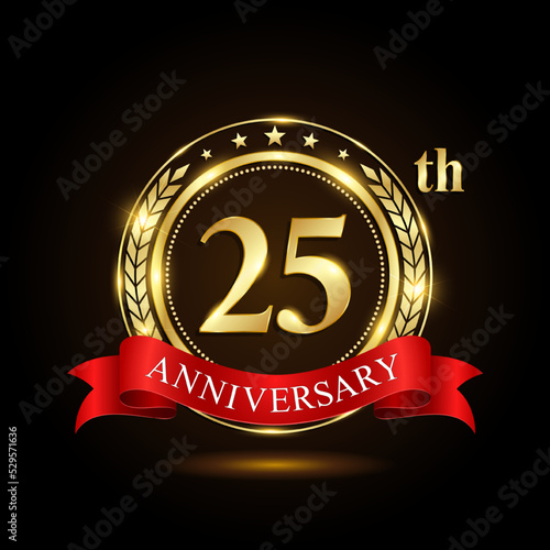 25th golden anniversary logo, with shiny ring and red ribbon, Laurel wrath isolated on black background, vector design