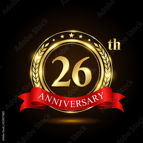 26th golden anniversary logo, with shiny ring and red ribbon, Laurel wrath isolated on black background, vector design
