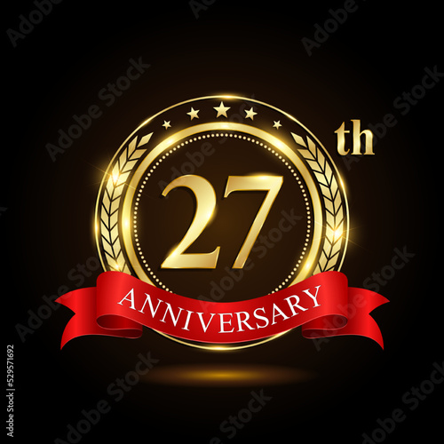 27th golden anniversary logo, with shiny ring and red ribbon, Laurel wrath isolated on black background, vector design
