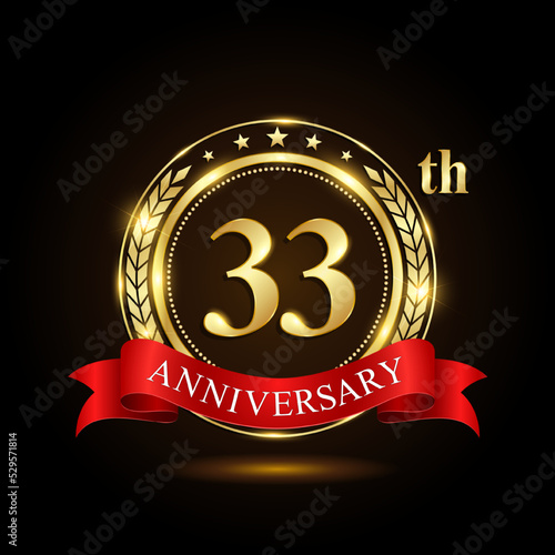 33th golden anniversary logo, with shiny ring and red ribbon, Laurel wrath isolated on black background, vector design