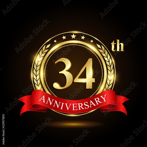 34th golden anniversary logo, with shiny ring and red ribbon, Laurel wrath isolated on black background, vector design