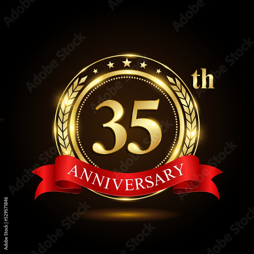 35th golden anniversary logo, with shiny ring and red ribbon, Laurel wrath isolated on black background, vector design