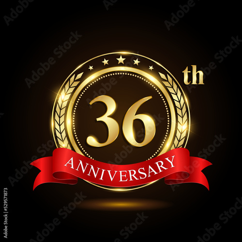 36th golden anniversary logo, with shiny ring and red ribbon, Laurel wrath isolated on black background, vector design