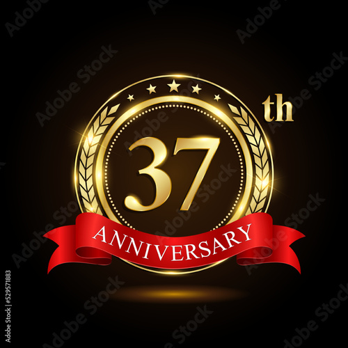 37th golden anniversary logo, with shiny ring and red ribbon, Laurel wrath isolated on black background, vector design