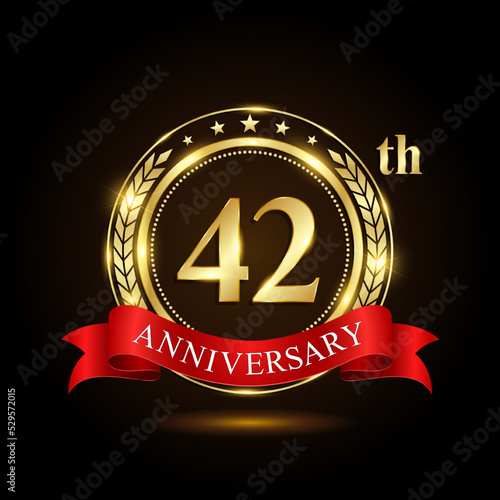 42th golden anniversary logo, with shiny ring and red ribbon, Laurel wrath isolated on black background, vector design