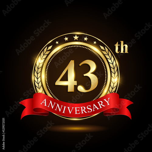 43th golden anniversary logo, with shiny ring and red ribbon, Laurel wrath isolated on black background, vector design
