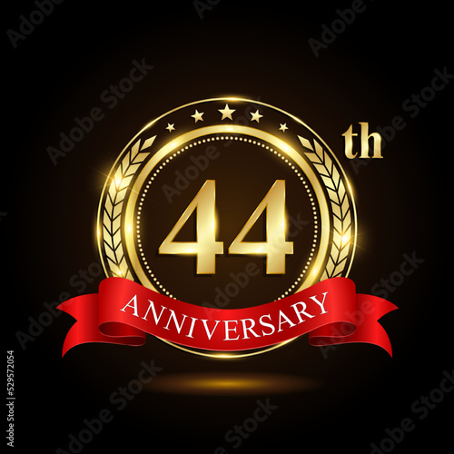 44th golden anniversary logo, with shiny ring and red ribbon, Laurel wrath isolated on black background, vector design