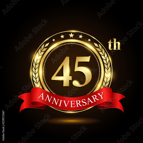 45th golden anniversary logo, with shiny ring and red ribbon, Laurel wrath isolated on black background, vector design