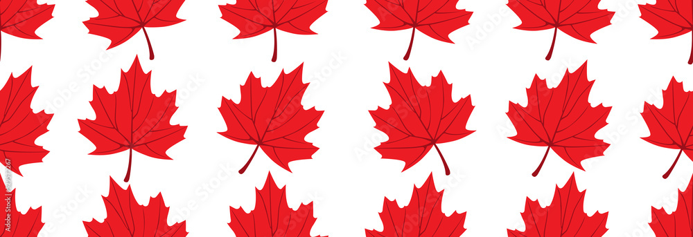 Banner with maple red leaf on white background, seamless pattern. Banner with maple red leaf on white background, seamless pattern.