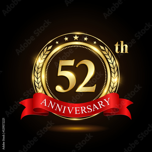 52th golden anniversary logo, with shiny ring and red ribbon, Laurel wrath isolated on black background, vector design