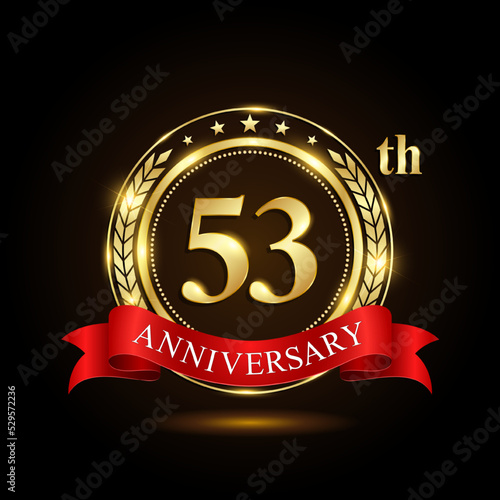 53th golden anniversary logo, with shiny ring and red ribbon, Laurel wrath isolated on black background, vector design