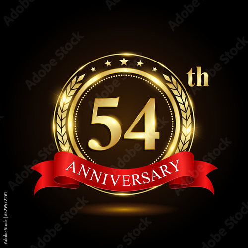 54th golden anniversary logo, with shiny ring and red ribbon, Laurel wrath isolated on black background, vector design