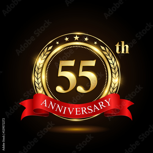 55th golden anniversary logo, with shiny ring and red ribbon, Laurel wrath isolated on black background, vector design