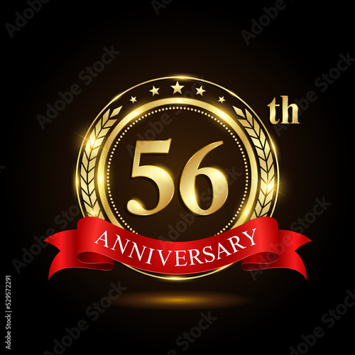56th golden anniversary logo, with shiny ring and red ribbon, Laurel wrath isolated on black background, vector design