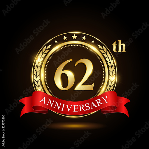 62th golden anniversary logo, with shiny ring and red ribbon, Laurel wrath isolated on black background, vector design