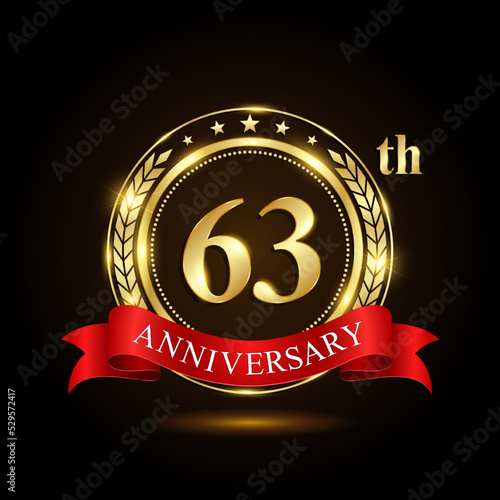 63th golden anniversary logo, with shiny ring and red ribbon, Laurel wrath isolated on black background, vector design